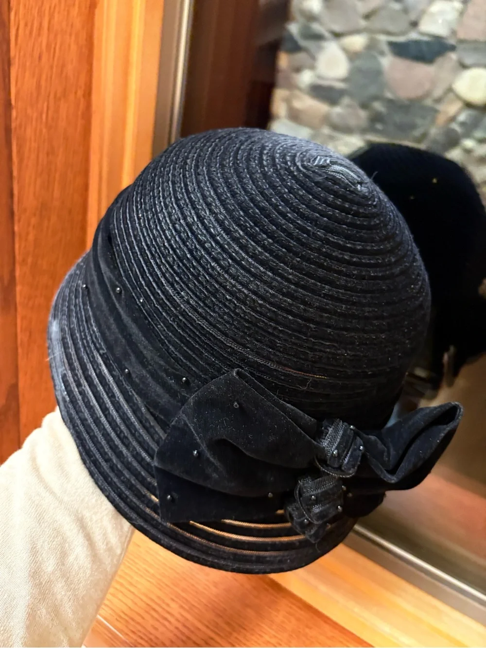 Vintage Swan Hat Black Cloche Mesh Velvet Bows Knots Black Beaded Adjustable